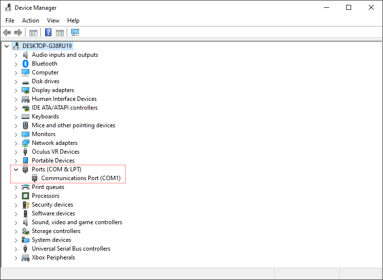 Windows Device Manager's list of device categories, with 'Ports (COM & LPT)' expanded and outlined in red; it holds one item, 'Communications Port (COM1)'.