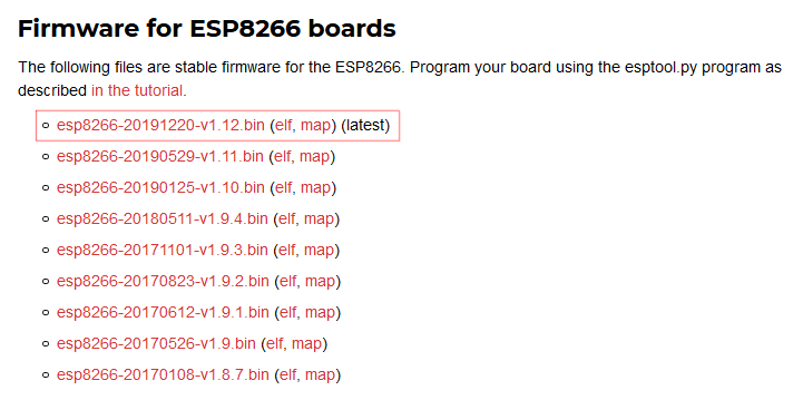 MicroPython's 'Firmware for ESP8266 boards' list, newest first, with the top file, esp8266-20191220-v1.12.bin, marked '(latest)' and outlined in red above older versions down to v1.8.7.