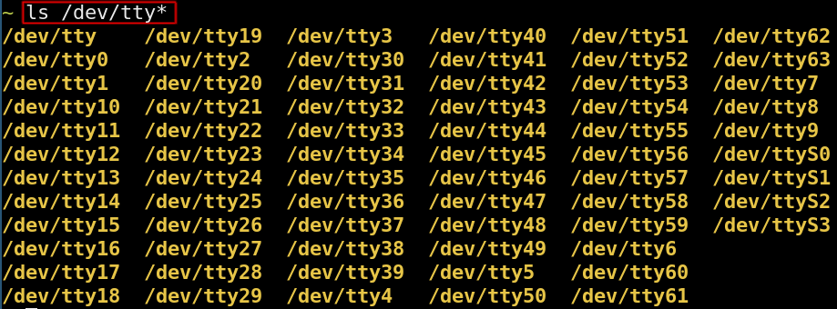 A Linux terminal after the command ls /dev/tty*, outlined in red, listing /dev/tty, /dev/tty0 to /dev/tty63 and /dev/ttyS0 to /dev/ttyS3.
