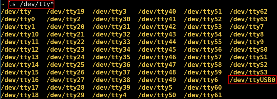 The same ls /dev/tty* listing after plugging in, with one new entry at the end, /dev/ttyUSB0, outlined in red.