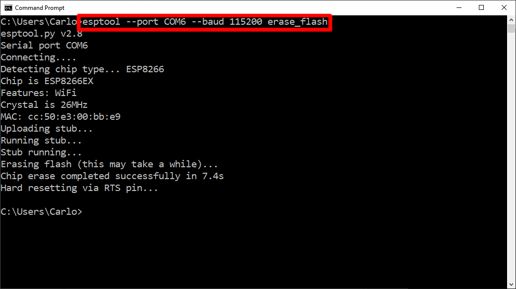 A Windows Command Prompt window after 'esptool --port COM6 --baud 115200 erase_flash', which reports 'Chip is ESP8266EX' and 'Chip erase completed successfully in 7.4s'.