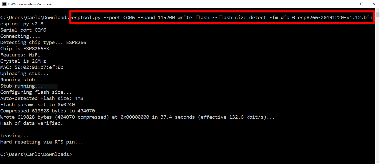 A Windows Command Prompt window after 'esptool.py --port COM6 --baud 115200 write_flash --flash_size=detect -fm dio 0 esp8266-20191220-v1.12.bin', which reports writing 619828 bytes and ends with 'Hash of data verified'.
