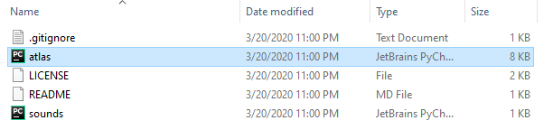 A Windows file list with five entries: .gitignore, atlas, LICENSE, README and sounds, with atlas selected.