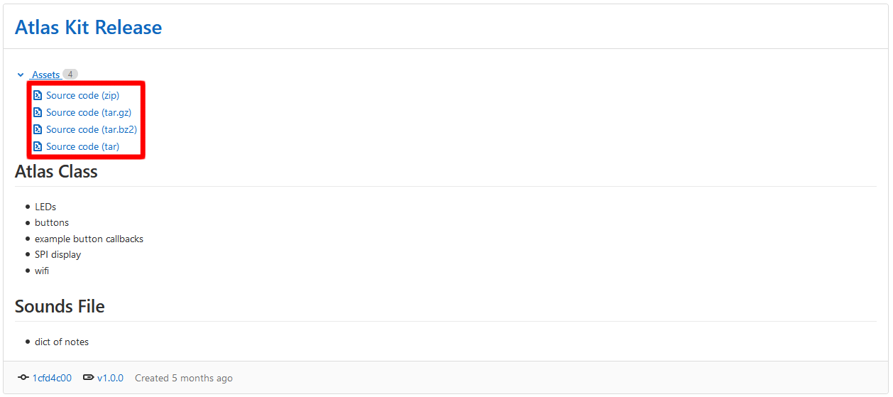The GitLab release 'Atlas Kit Release', v1.0.0, with its four assets outlined in red: Source code in zip, tar.gz, tar.bz2 and tar formats.