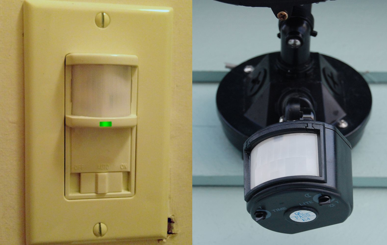 Two photos side by side: a beige wall light switch with a white sensor window, a green light and an OFF, AUTO, ON slider; and a black outdoor light mount with a white dome-shaped sensor and two adjustment dials marked TIME and LITE.