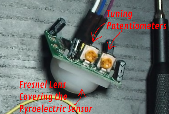 A PIR sensor module on a green circuit board, seen from the side with wires attached. Red labels point to two orange dials on top, 'Tuning Potentiometers', and to the white dome under the board, 'Fresnel Lens Covering the Pyroelectric Sensor'.