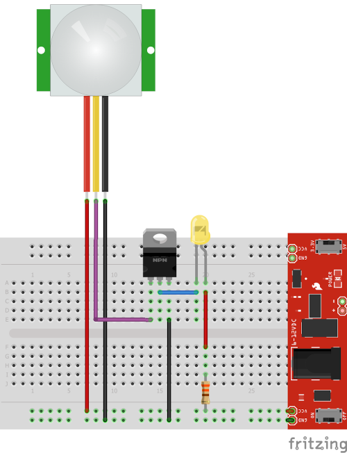 A breadboard drawing. The sensor module's red and black wires go to the power rails fed by the breadboard power supply at the right end, and its yellow output wire goes to the MOSFET's left (gate) pin. The LED and the 330Ω resistor run in series from the positive rail to the MOSFET's middle pin, and its right pin goes to the ground rail.