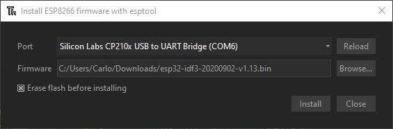 Set the correct parameters for flashing the MicroPython firmware to an ESP32 microcontroller.