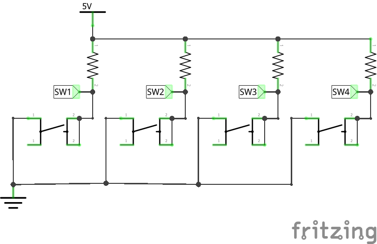 A schematic: four push buttons each connect a node, labelled SW1 to SW4, to ground, and each node is also connected to 5V through a resistor.
