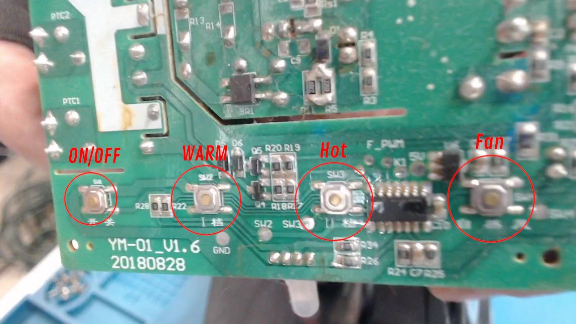The green side of the circuit board, with four small square push buttons in a row along its bottom edge. Each is circled in red and labelled in red ON/OFF, WARM, Hot and Fan, from left to right; the silkscreen beside the middle two reads SW2 and SW3.