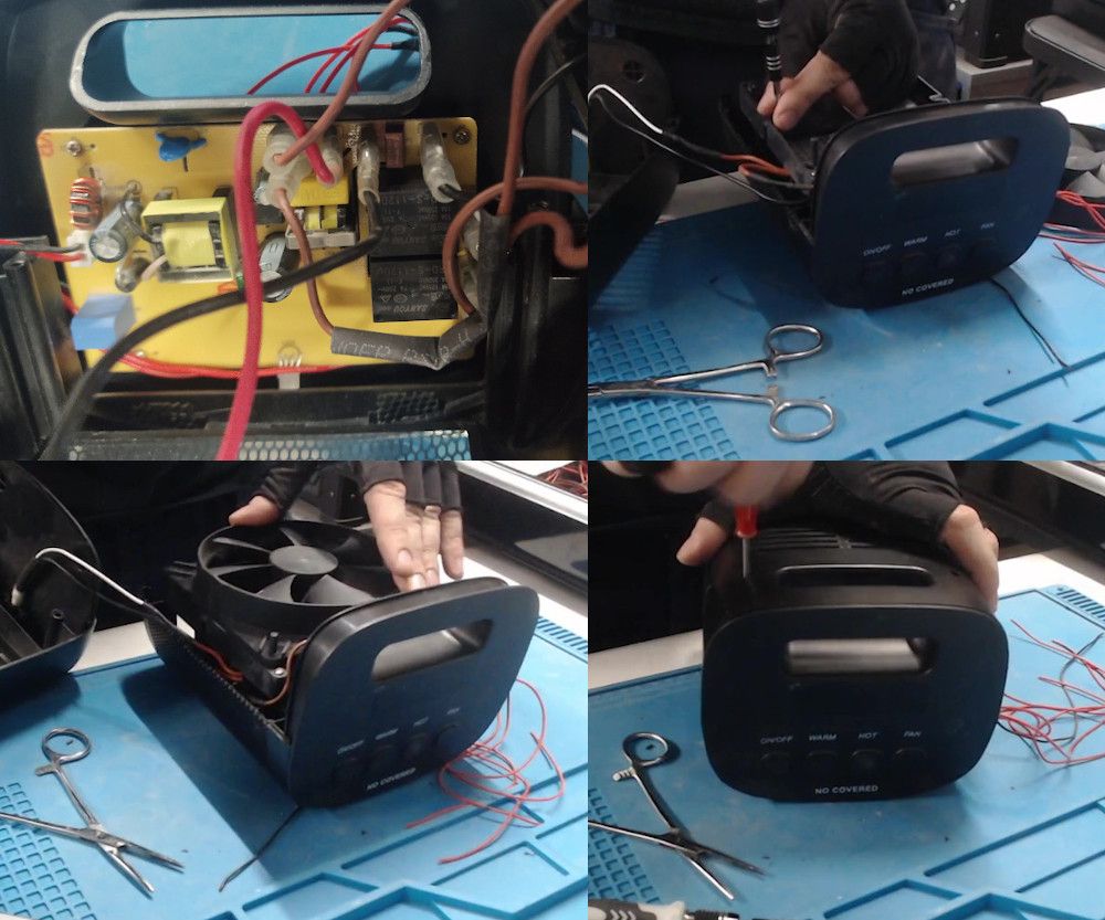 Four photos in a grid: the circuit board back in its place with its original wires plugged in; the board being screwed into the top of the enclosure with the new red wires hanging out; the fan set back in place; and the back panel being screwed on, the red wires trailing out of the side.