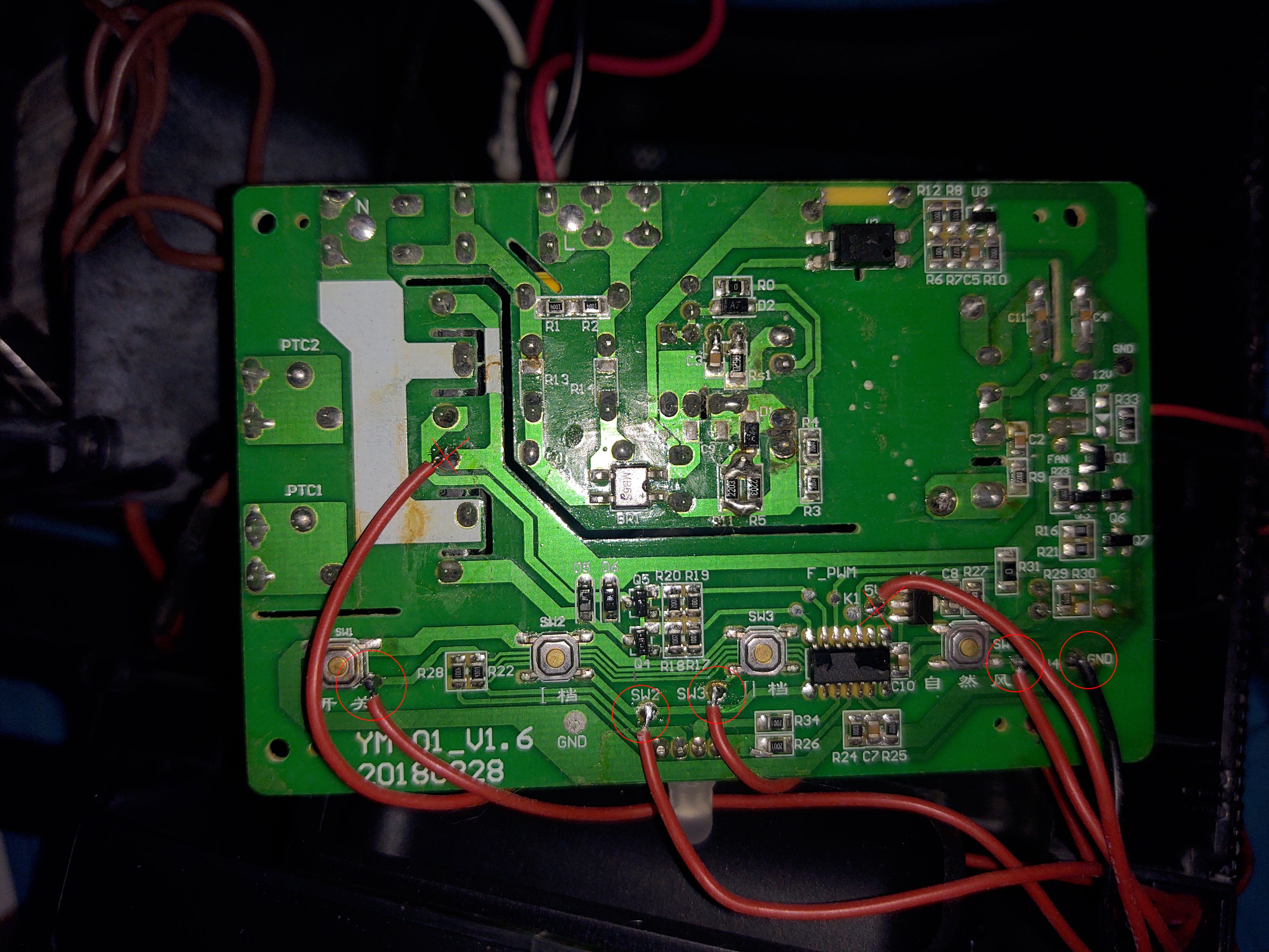 The green side of the board with seven wires attached. Red circles mark the red wires on an SW1 button lead and on the SW2, SW3 and SW4 pads, and the black wire on the GND pad; red crosses mark the two extra red wires, on the 5V node and the unregulated input voltage node.