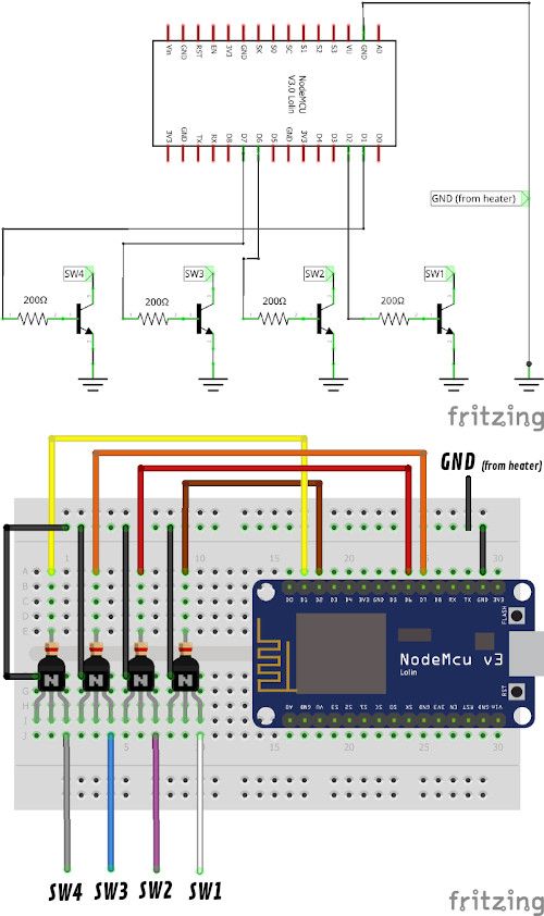 Two drawings. In the schematic, four NPN transistors each have a 200Ω resistor from a NodeMCU pin to the base, the collector on SW1, SW2, SW3 or SW4 and the emitter on ground, and GND (from heater) goes to the NodeMCU's ground. Below, the same circuit on a breadboard, with the NodeMCU v3 at the right and the SW4, SW3, SW2 and SW1 wires in grey, blue, purple and white.