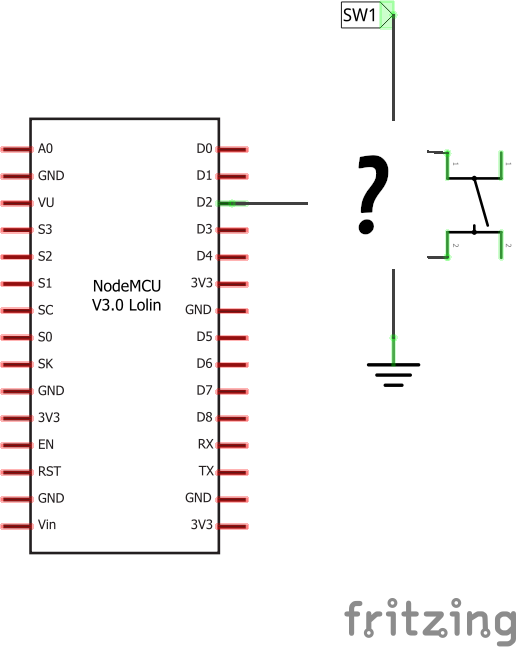 A schematic of a NodeMCU V3.0 Lolin with its pin D2 wired to a large question mark. Beside the question mark is a push button, with SW1 above and ground below.