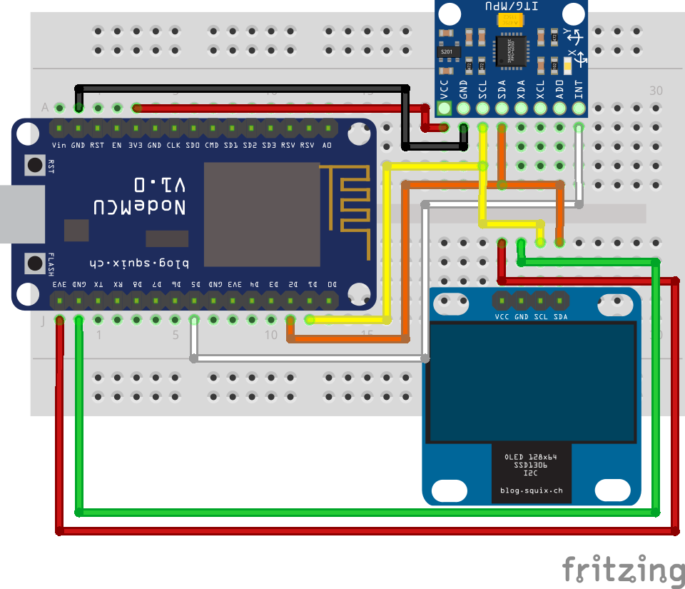 Setup with the NodeMCU connected to the MPU6050 IMU and the SSD1306 display.