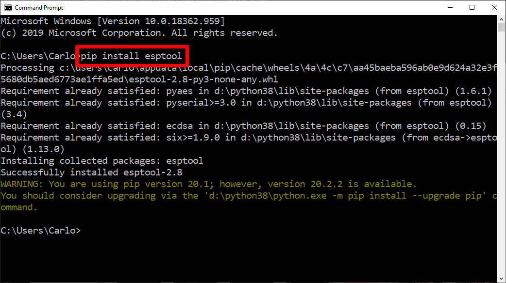 A Windows Command Prompt window where 'pip install esptool' was run, ending with 'Successfully installed esptool-2.8' and a warning in yellow that a newer pip is available.