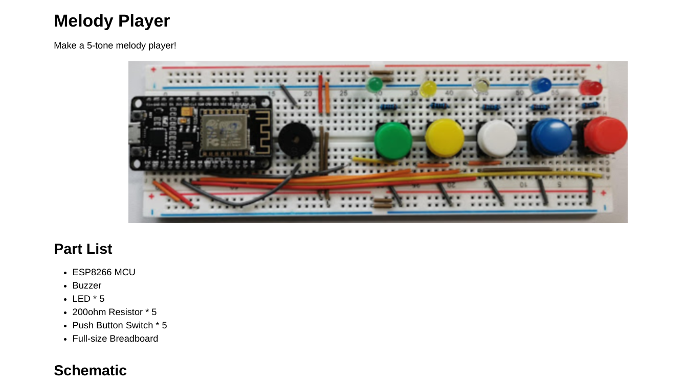 The 'Melody Player' page, headed 'Make a 5-tone melody player!', shows a breadboard with an ESP8266 board, a buzzer and five coloured push buttons, each with an LED of the same colour, and a parts list: ESP8266 MCU, buzzer, five LEDs, five 200 ohm resistors, five push buttons and a full-size breadboard.