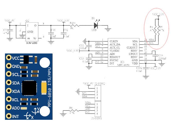 Pullup resistors in the schematic for the MPU6050 IMU.