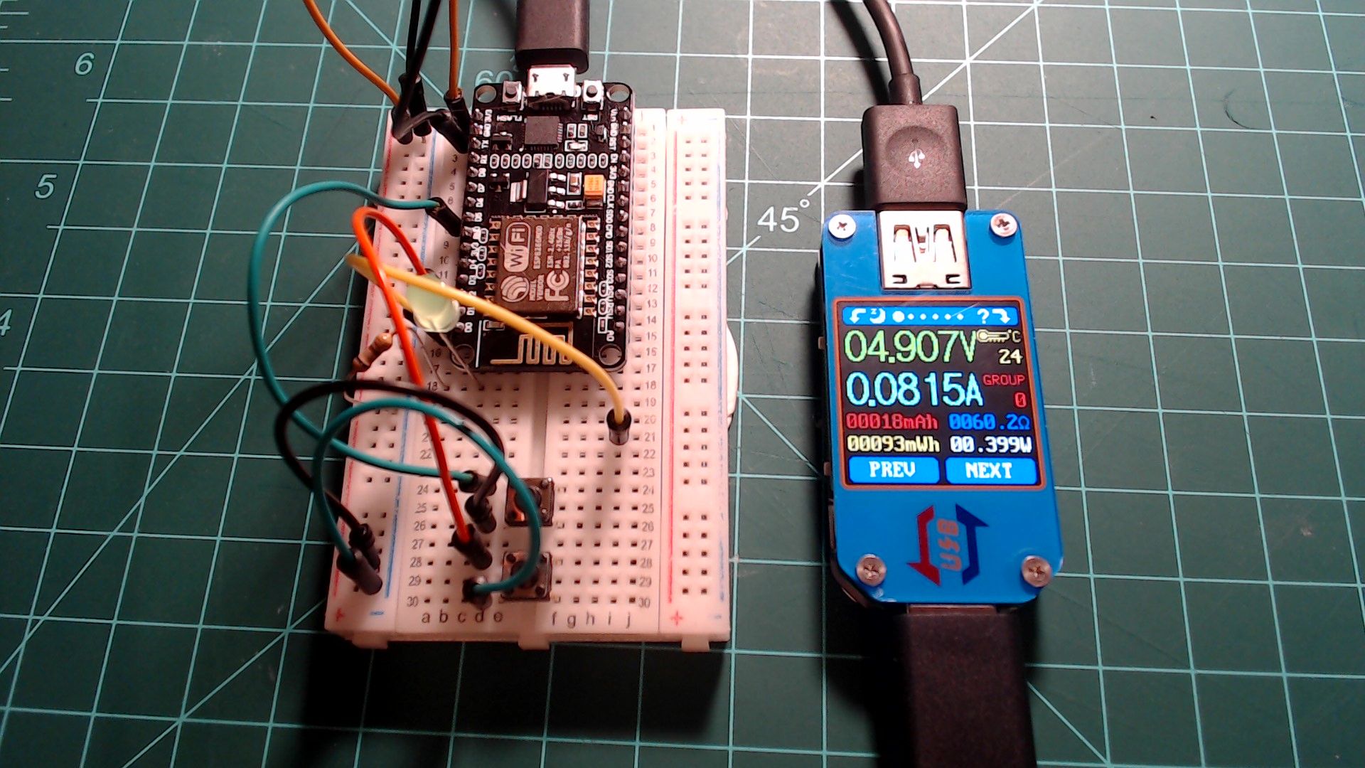 The NodeMCU draws 0.399 watts in normal mode.