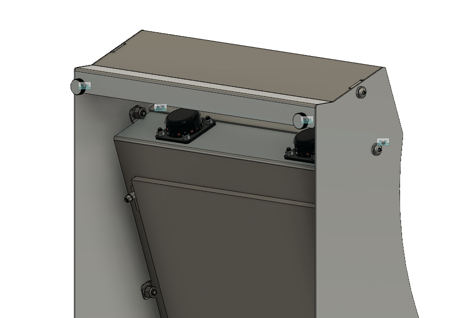 A 3D model of the cabinet seen from behind with its back off: two speakers along the top, the angled back of the monitor panel, and nuts fastening tabs on the inner parts to the side panels, including one at the lower left.