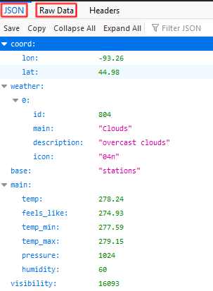 Firefox features collapsible tabs that assist in looking through JSON data.