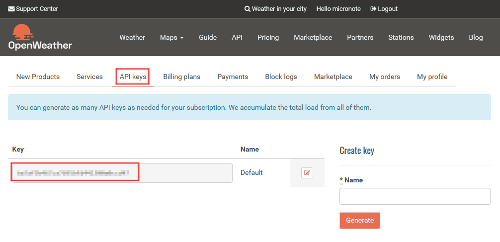 API keys tab and the default API key.