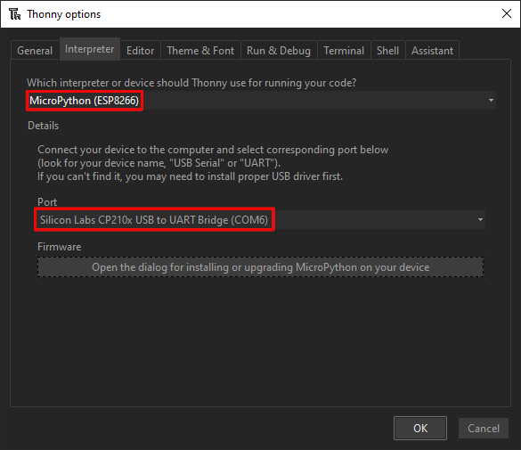 Select the ESP8266 MicroPython interpreter.