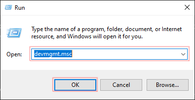 The Windows Run dialog with devmgmt.msc typed in the 'Open' field and the OK button, both outlined in red.