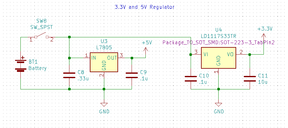 A schematic: the battery, through switch SW8, feeds an L7805 with a 0.33µF capacitor at its input and 0.1µF at its output, giving +5V. The same switched line feeds an LD1117S33TR with 0.1µF at its input and 10µF at its output, giving +3.3V.