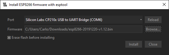Thonny's 'Install ESP8266 firmware with esptool' dialog: port 'Silicon Labs CP210x USB to UART Bridge (COM6)', firmware C:/Users/Carlo/Downloads/esp8266-20191220-v1.12.bin, 'Erase flash before installing' checked, and Install and Close buttons.
