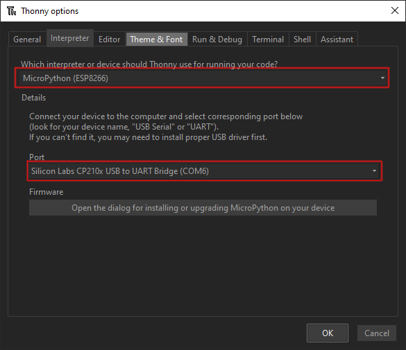 Thonny's options dialog on the Interpreter tab, with 'MicroPython (ESP8266)' chosen as the interpreter and 'Silicon Labs CP210x USB to UART Bridge (COM6)' chosen as the port, both outlined in red.