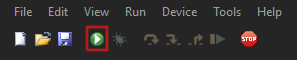 Thonny's menu bar and toolbar, with the green run button, a white triangle in a green circle near the left of the toolbar, outlined in red.