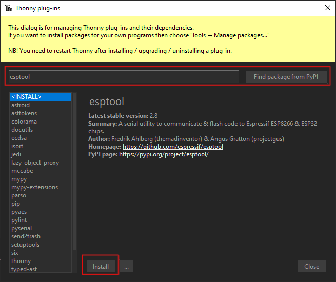 Thonny's plug-ins dialog with 'esptool' typed in the search box beside 'Find package from PyPI', the esptool package's details (latest version 2.8, a serial utility to flash Espressif ESP8266 and ESP32 chips) below, and the Install button outlined in red.