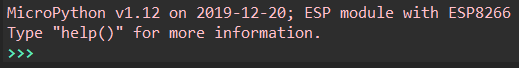 Thonny's shell reading 'MicroPython v1.12 on 2019-12-20; ESP module with ESP8266', then 'Type help() for more information.', then the >>> prompt.